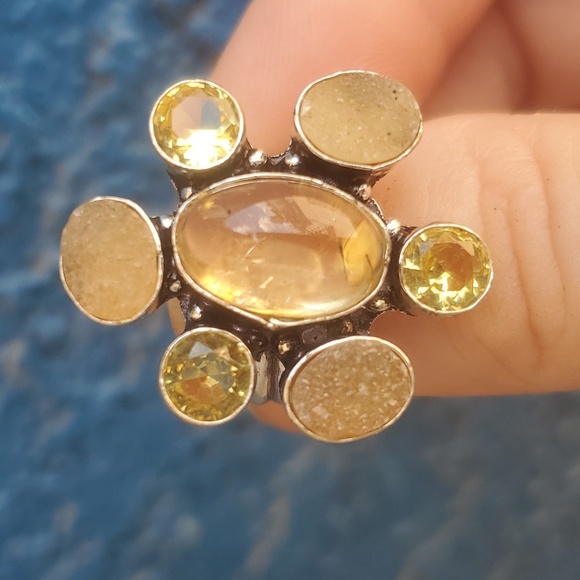 New Golden Rutile, Citrine and Druzy 925 Silver Ring. - Picture 15 of 16